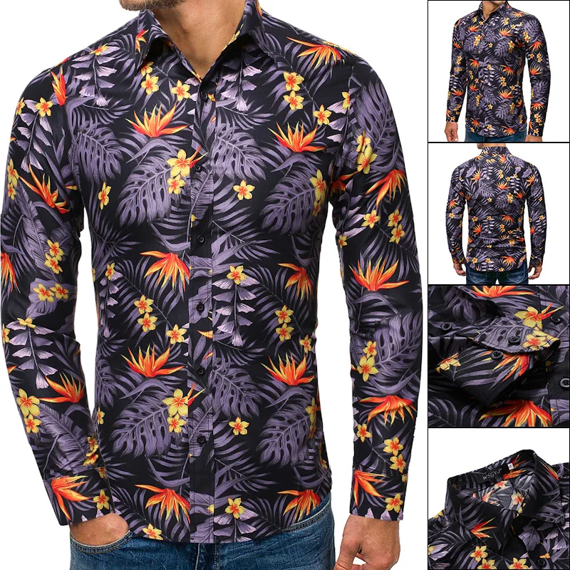 

New Plus-size Purple Leaf Shirt for Men with Loose Long Sleeve Lapel Beach Style
