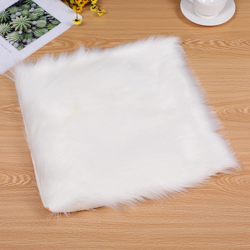 Square Faux Fur Sheepskin Chair Cover Seat Cushion Pad Warm Skin Plain Fluffy Area Rugs Washable For Living &amp Bedroom Sofa |