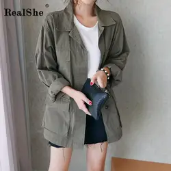 RealShe/Женская куртка с воротником-стойкой и длинными рукавами, с карманами, элегантная повседневная женская куртка цвета хаки, женские