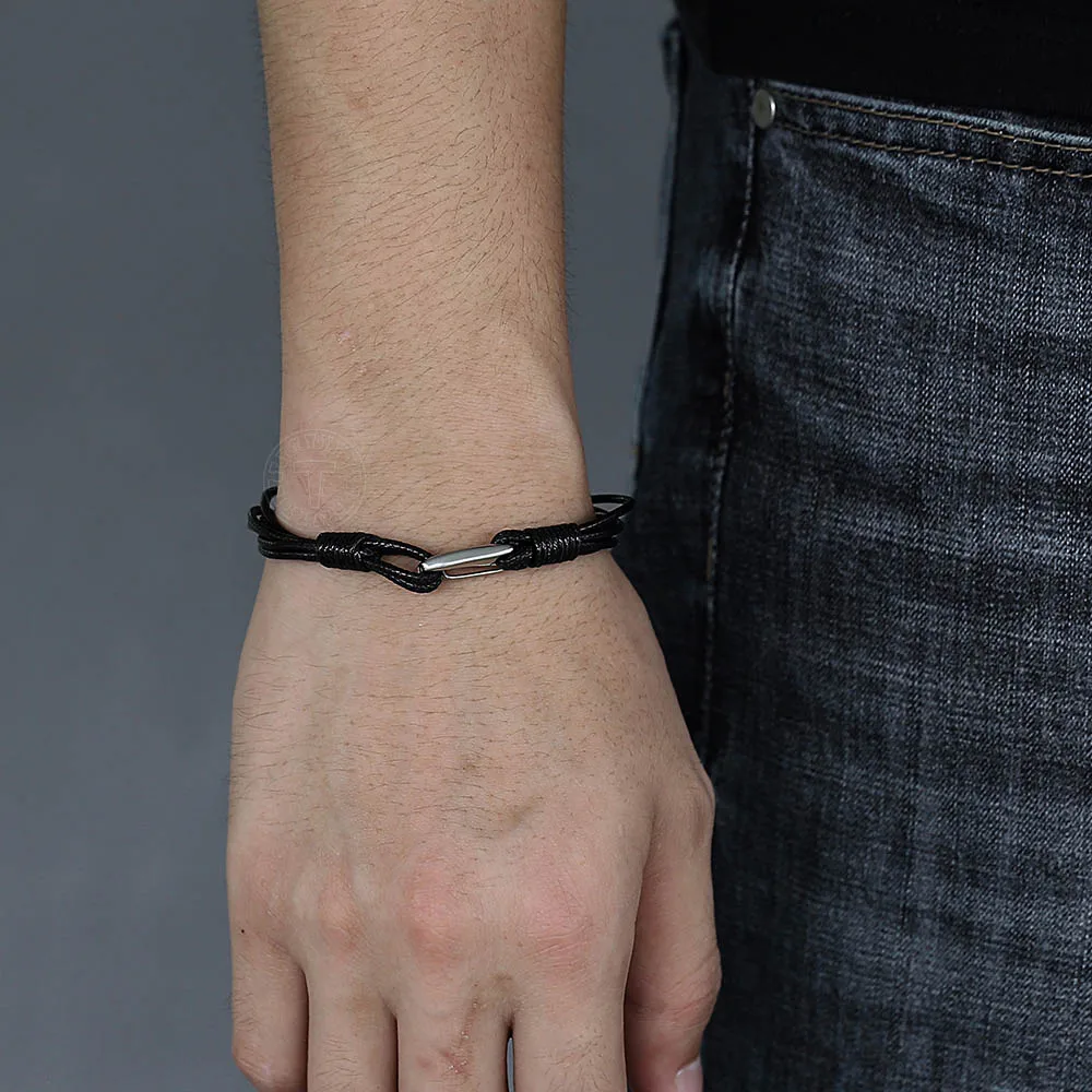 Trendsmax, черный кожаный многожильный браслет, браслет для мужчин и женщин, застежка из нержавеющей стали, мужские повседневные ювелирные изделия DLB183