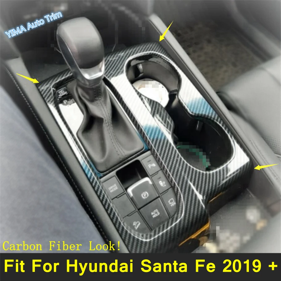 

Carbon Fiber Center Gear Shift Panel Water Cup Holder Frame Cover Trim Fit For Hyundai Santa Fe 2019 - 2021 Interior Accessories