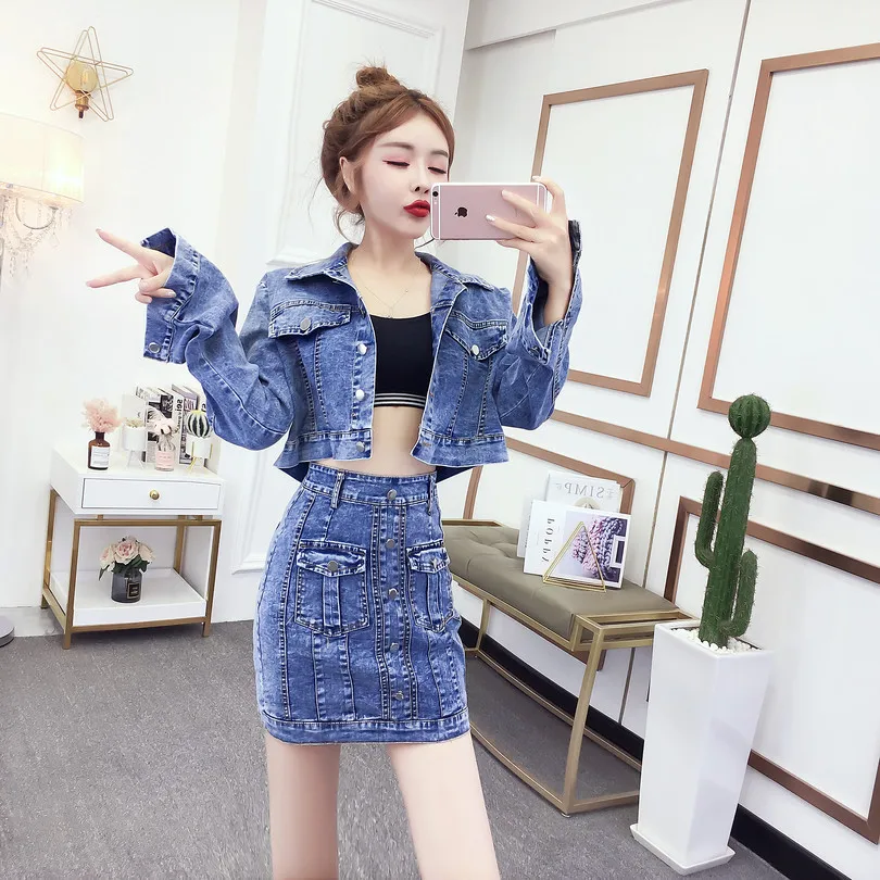 

Photo Shoot 2020 Fashion Set Korean-style Loose-Fit Short Jeans Coat + High-waisted Pocket Sheath Skirt