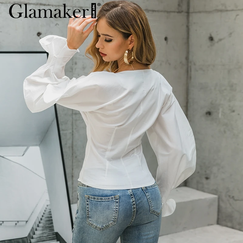 Glamaker, плюс размер, рубашка, женская блузка, v-образный вырез, длинный рукав, рубашка, блузка, Женский Топ, зима, Облегающая белая женская блуза, рубашка
