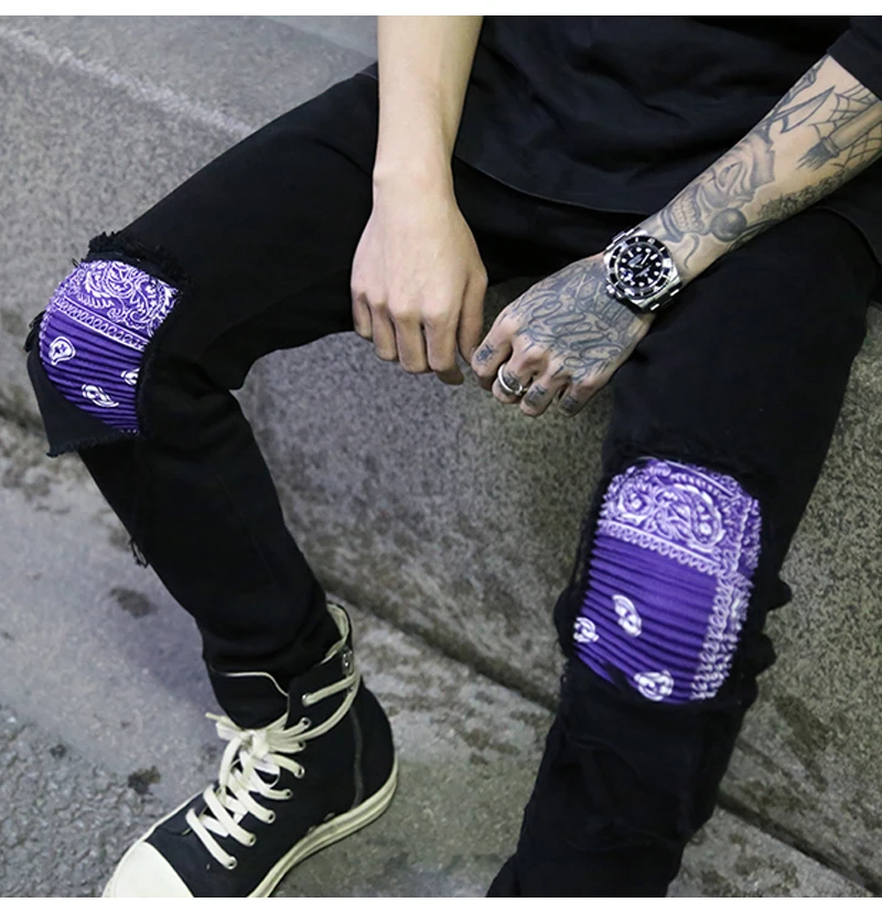 Bandana Patchwork Ripped Men's Jeans High Street Men Hip - AliExpress