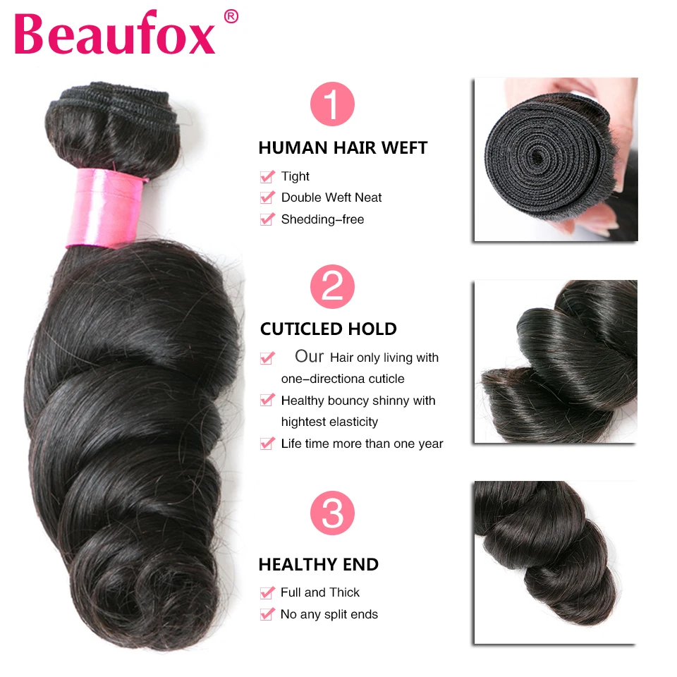 Beaufox Loose Wave Bundles Indian Hair Weave Bundles 4 Human Hair Remy Extensions Natural/Jet Black Color