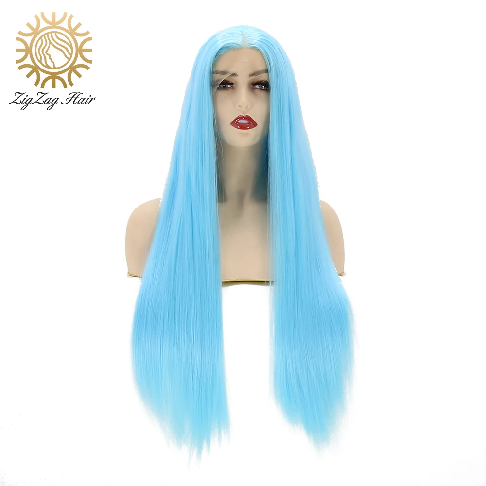 

ZigZag Middle Part Light Blue Synthetic Lace Front Wig for Women Natural Glueless Straight Cosplay Wig Heat Resistant Fiber Hair