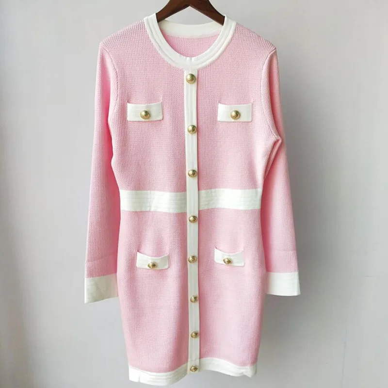 

Модные трикотажные платья на пуговицах для женщин 2021, женское элегантное мини-платье с круглым вырезом и длинным рукавом, осенне-зимние платья q486