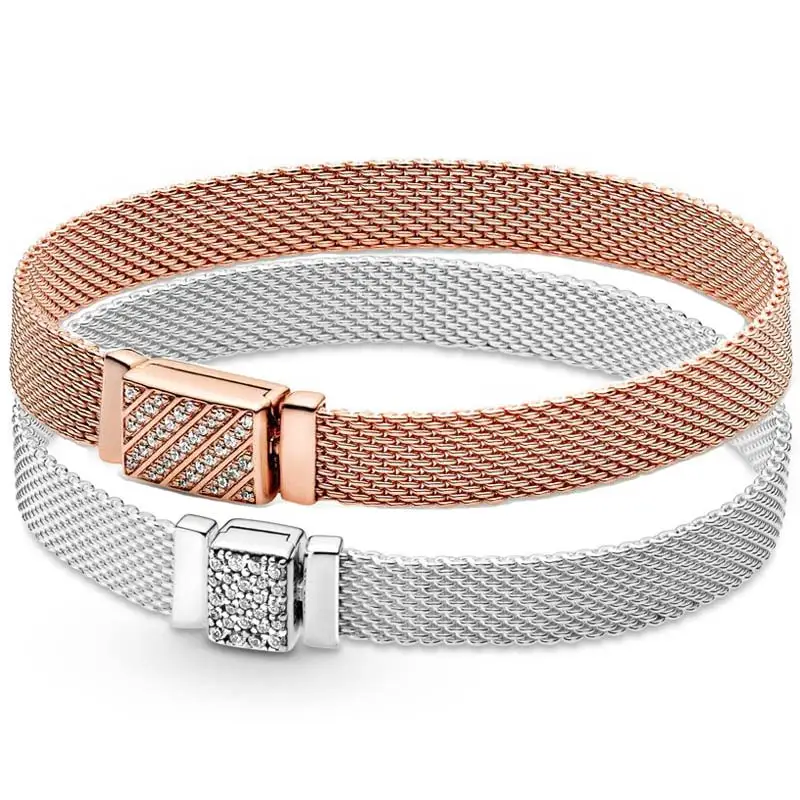 

100% 925 Sterling Silver Reflexions Woven Mesh Sparkling Long Clasp Snake Chain Bracelet Fit Europe Bangle Bead Charm Jewelry
