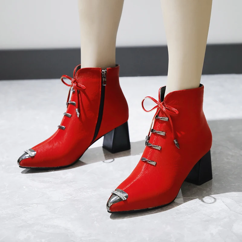 HQFZO Chunky Heels 5cm Autumn Ankle Boots For Women Lace Up Fashion Pointed Toe Bottine Cross-tied Buckle Women Boots Mujer