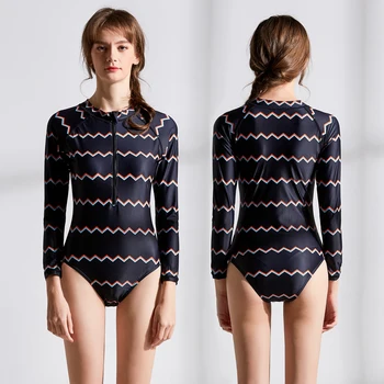 

Girls Long Sleeve Rashguard Women Sexy One Piece Swimwear Black Striped Close-fitting Push up Swimming Sufing Wear Beach Wear