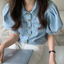 

2021 Summer Women Vintage Square Neck Denim T-shirt Korean Style Puff Sleeve Tops Elegant Retro Blue Jean Slim Crop Shirts Women