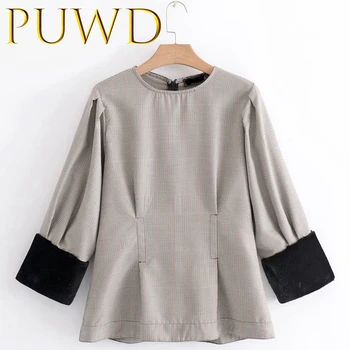 

PUWD 2019 Autumn new plush cuffs round neck small shirt with faux fur stitching waistband shirt