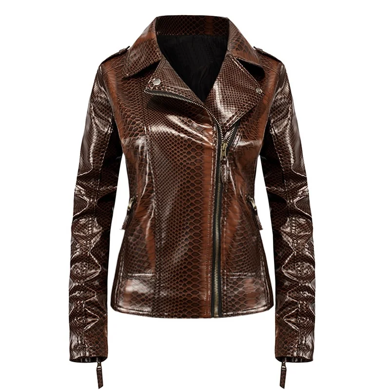Женская кожаная куртка из змеиной кожи, приталенная куртка, осенне-зимнее пальто, большие размеры, S-3XL