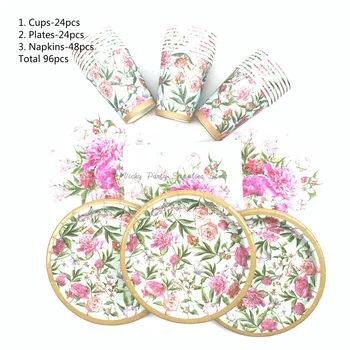 

96pcs/lot Hawaiian Wind Flower Disposable Tableware Rose Gold Plate/Napkin/Cup Happy Birthday Party Deco Kids Baby GardenParty