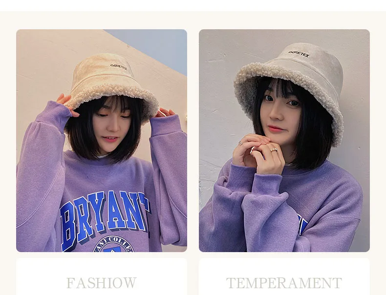 womens bucket hat with string Autumn And Winter Korean Version Of The Double-Sided Hat Women's Thick Lamb Plush Fisherman Hat Wild Retro Warm Basin Hat ladies bucket hat