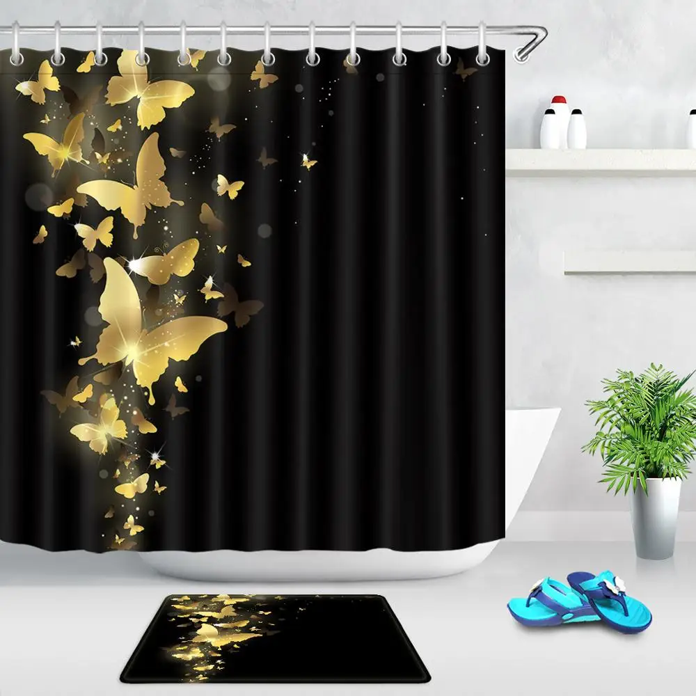 

Golden Butterfly Black Printed Shower Curtains Non-slip Carpet Waterproof Fabric Polyester Bathroom Bath Curtains Washable