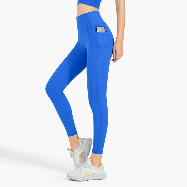 Lulu Women Sports Pants Breathable High Waist Yoga Leggings With Side Pockets Athletic Fitness Clothing Butter Soft Custom Logo Royal blue