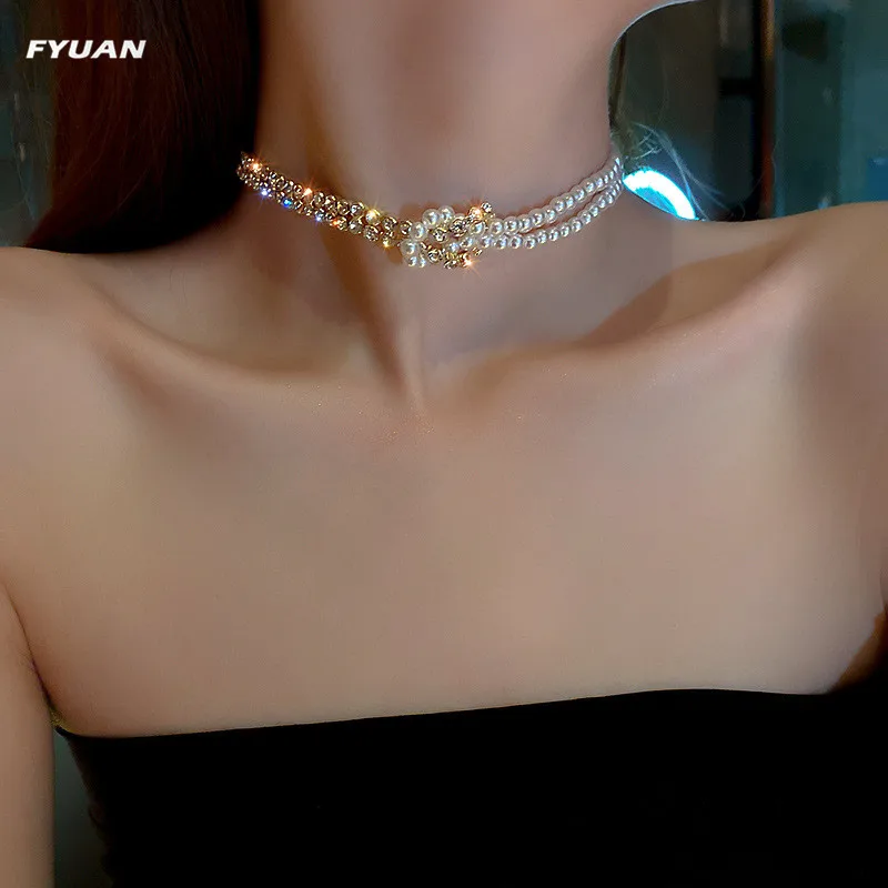 FYUAN корейский стиль жемчуг кристалл Чокер ожерелья для женщин короткая цепь