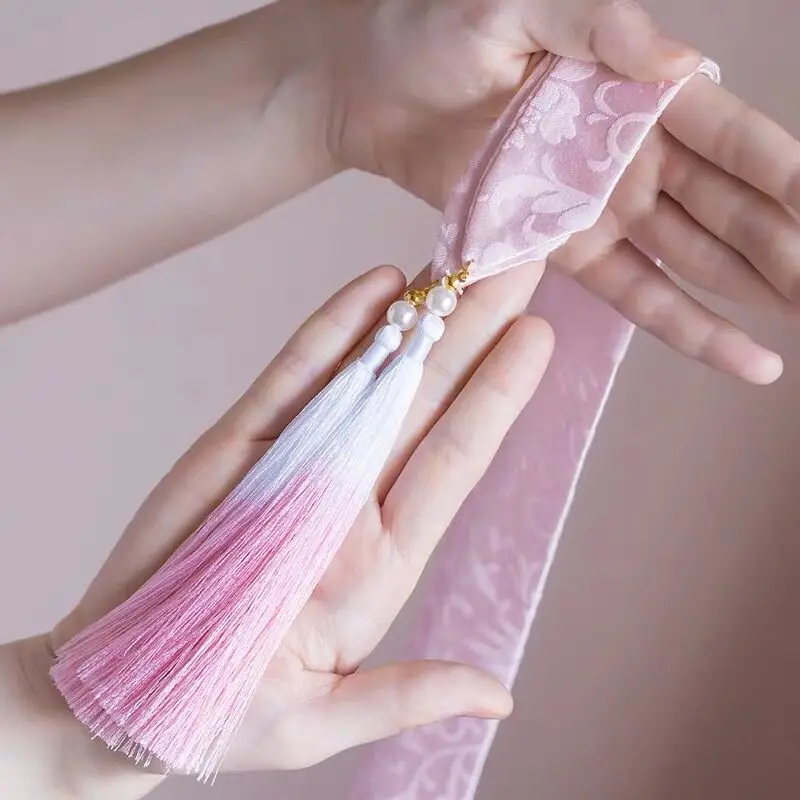 Pink Gradual fringed jacquard hairband Ancient Chinese clothing super fairy streamer hair rope costume headdress - Цвет: Pink