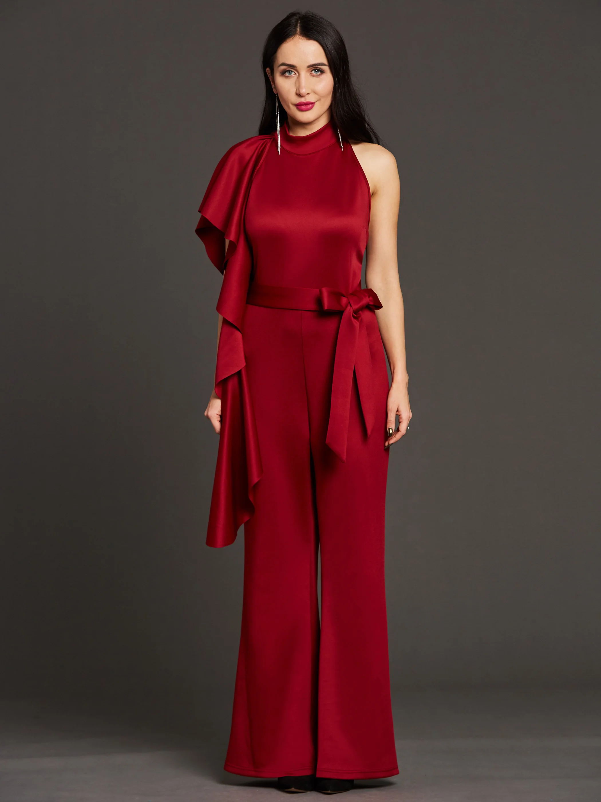 

Red Women Evening Dress Elegant Temperament Backless Flounced Falbala Full Length Solid Color Wide Legs Jumpsuits With Belt