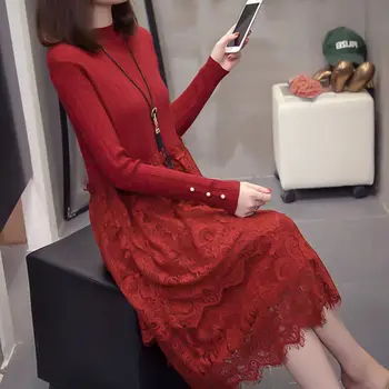 

Large Size Women's Sweater Shirt Female Autumn and Winter Dress Loose Lace Stitching Long Sleeve Knit Dress Femme Vestidos f2431