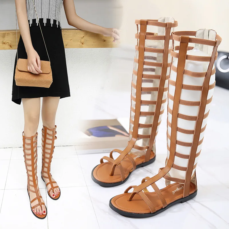 

2018 Summer New Style Rome Hose Elastic Thin Drawstring Hollow out Long Sandal Boots Split Toe Women's Hight-top Sandals