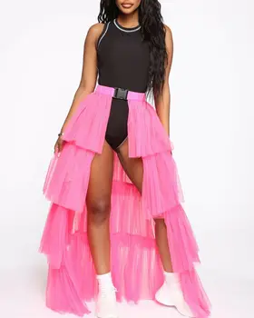 

Women Multi colors Mini Skirt Stretchable Ruffles High Waist Skirts Buckle Plain Mesh Ball Gown Flared Umbrella skirt Two Styles
