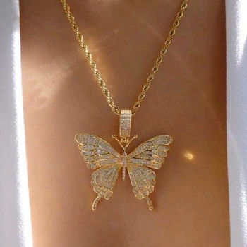 

Animal butterfly Pendant Necklace Charm 60CM Rope Chain Cuban chain Gold cz Cubic Zircon Men's Hip hop Rock Jewelry New