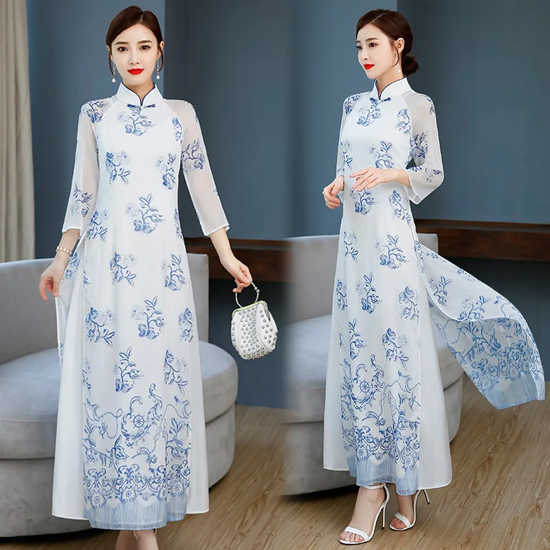 

Summer WOMEN'S Dress Improvement Chinese Style Cheongsam Chiffon Blue And White Porcelain Retro Slim Fit Stand Collar Audrey Lon