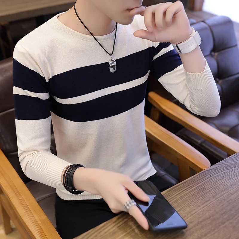 

Autumn Men Sweater O-Neck Mens Pullover Sweater Male Coat Man Striped Sweaters Pull Clothes Long Sleeve Homme Shirt Spring K271