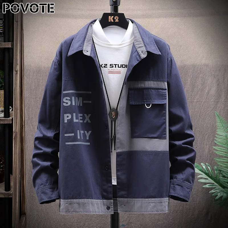 

POVOTE brand men's color blocking Hooded Jacket Coat hip hop jacket Korean Trend tooling jacket men's trend design