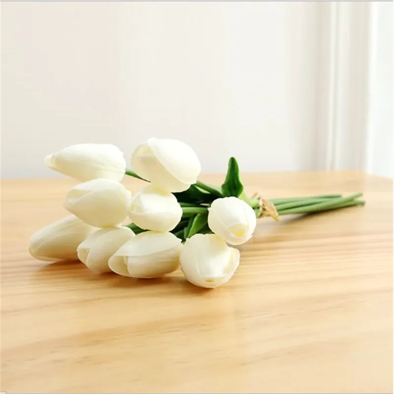 1PC Leaf White 10 шт. ПУ мини тюльпаны, искусственные цветы, искусственные цветы для украшения свадьбы, вечерние цветы для дома - Цвет: 1PC Leaf White