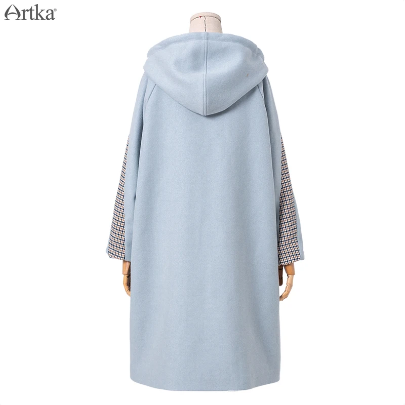 ARTKA зимнее Новое Женское шерстяное пальто модное повседневное клетчатое Соединенное шерстяное пальто с капюшоном длинная теплая верхняя одежда для женщин WA15291D