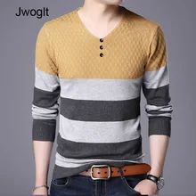 Весенне-осенние модные дизайнерские Лоскутные Свитера в полоску с v-образным вырезом и пуговицами, Мужской пуловер, Рождественский свитер, мужской вязаный пуловер