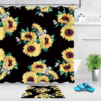 

Cartoon Sunflower Pattern Polyester Shower Curtains Waterproof Durable Yellow Flower Green Leaf Bathroom Curtain With 12 Hooks