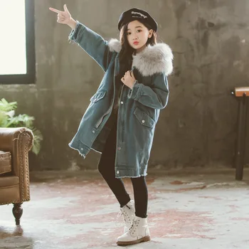 

2019 New Girls Cowboy Coat Kids Winter Long Style Jacket Baby Girls Velvet Thickened Coat Loose Fashion Jacket for Girls, #8056