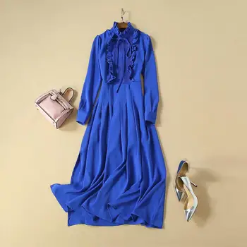 

European and American women's clothing 2019 winter new style Long sleeve standing collar wooden edge Pleated blue fashion dress