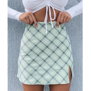 

Women Side Split Check Mini Skirt In Light Green