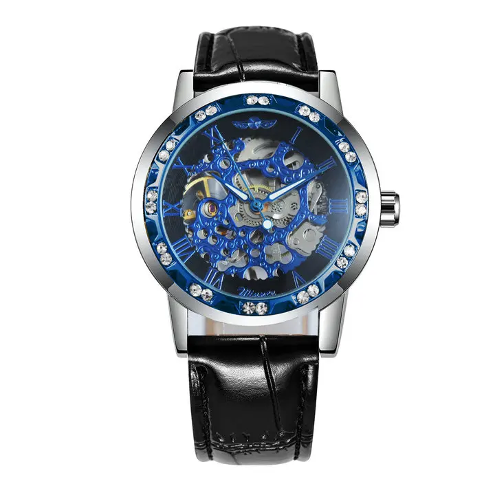 SILVER BLUE BLACK Модные часы со скелетом, бриллиантовые часы для женщин, дизайн Iced Out, ремешок из натуральной кожи, элегантные роскошные механические Женские часы - Цвет: SILVER BLUE BLACK