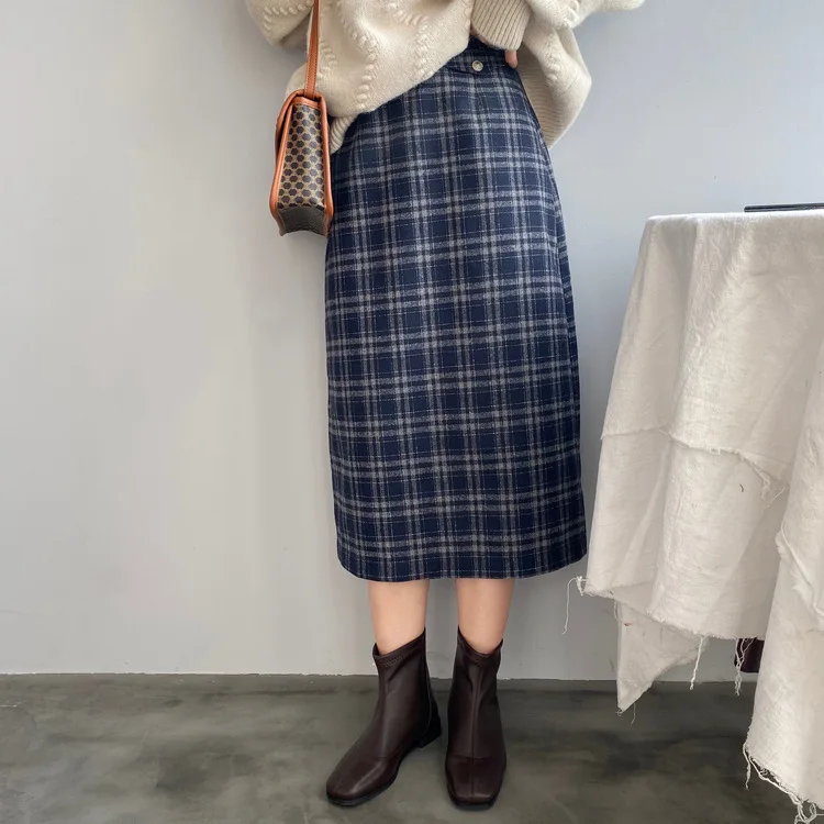 Весна, Женская шерстяная юбка в винтажном стиле, Harajuku, с высокой талией, в клетку, длинная, шерстяная, свободная, женская, Saia