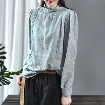 

Lace Hook Flower Shirt Elegant Pullover Long Sleeve Tess Ladies Blouse For Women With White Pink Sky Blue Green Colors Harajuku