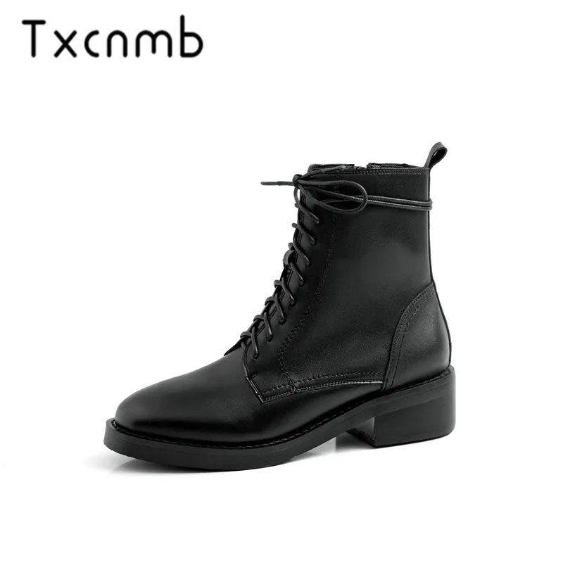 

TXCNMB Genuine Leather boots Women Side Zipper Ankle Boots Winter Punk Cross-tied Riding Boots Quality Night Club Shoes Woman