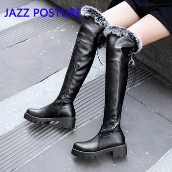 

2020 ladies over the knee high boots winter round toe shoes fur boots square high heel boots leather boots women boots 34-43q235