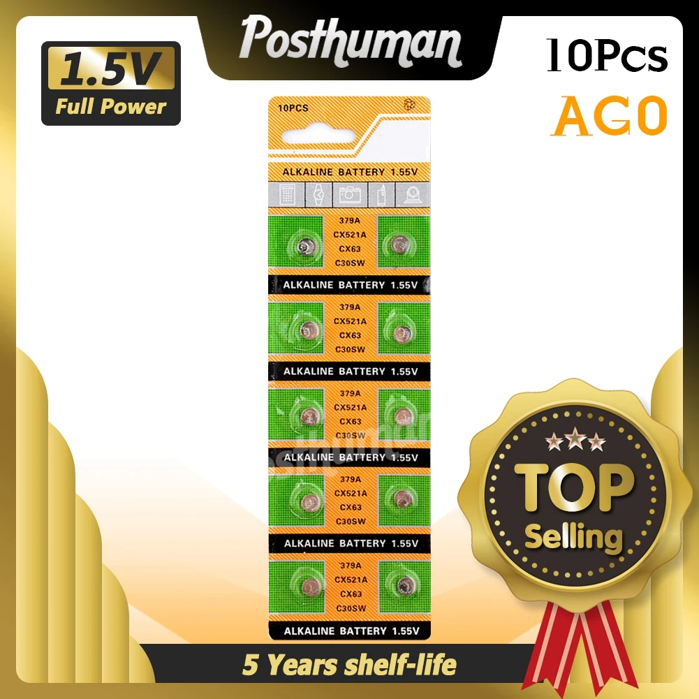 Батарейки AG0 10x щелочные кнопочные для часов 379 SR521SW D379 V379 V520 280-59 GP379 SR63 618 JA LR521 |