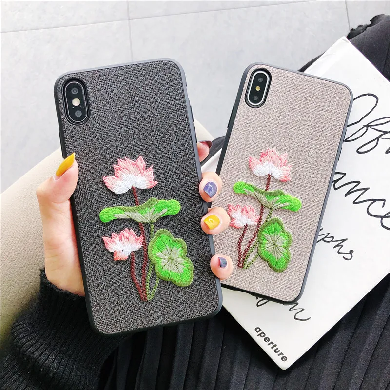 

case for iPhone 11 XR 7 8 11 Pro Max X XS Max Plus 6 6s cover Embroidery lotus All-Inclusive Soft