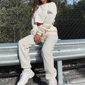 

Laamei Tracksuit Women Two Piece Soft Set Fleece Streetwear Short Sleeve Crop Top + Pants Sport Matching Sweatsuit Outfit