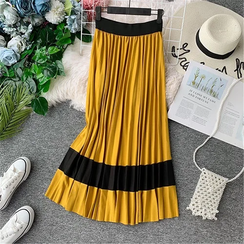 TIGENA Beautiful Patchwork Pleated Skirt Women Fashion Autumn Winter Korean High Waist Long Maxi Skirt Female Black Yellow - Цвет: Цвет: желтый