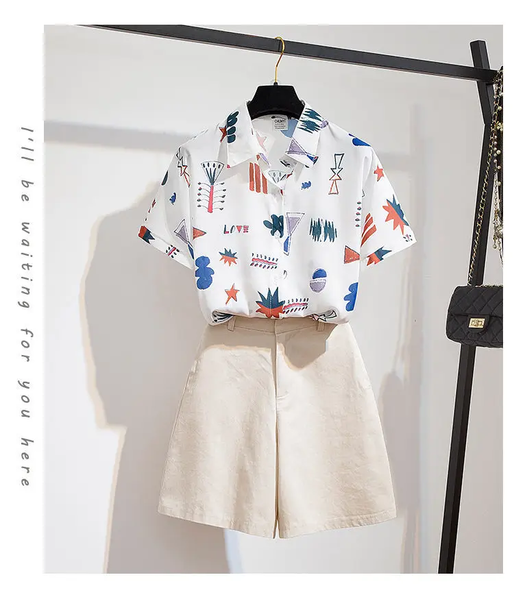 Big Size 40-200kg Fashion Cartoon Print Shirt Shorts Set for Women Summer Leisure Cozy Two-piece Clothing Sets Girl Short Sleeve