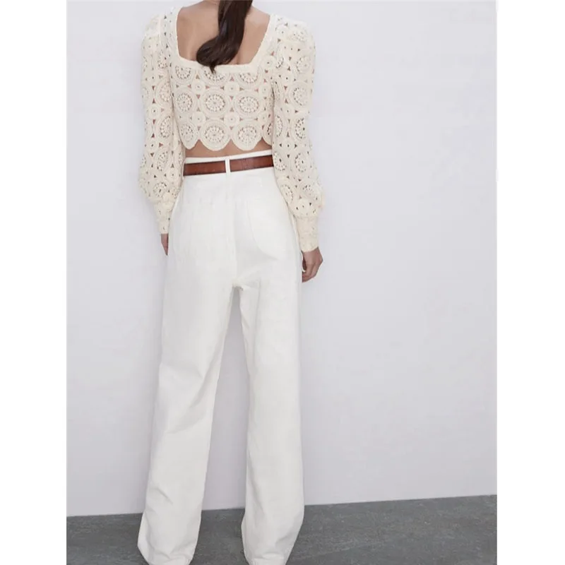 Женская вязаная блузка топы рубашки укороченные с длинным рукавом женские