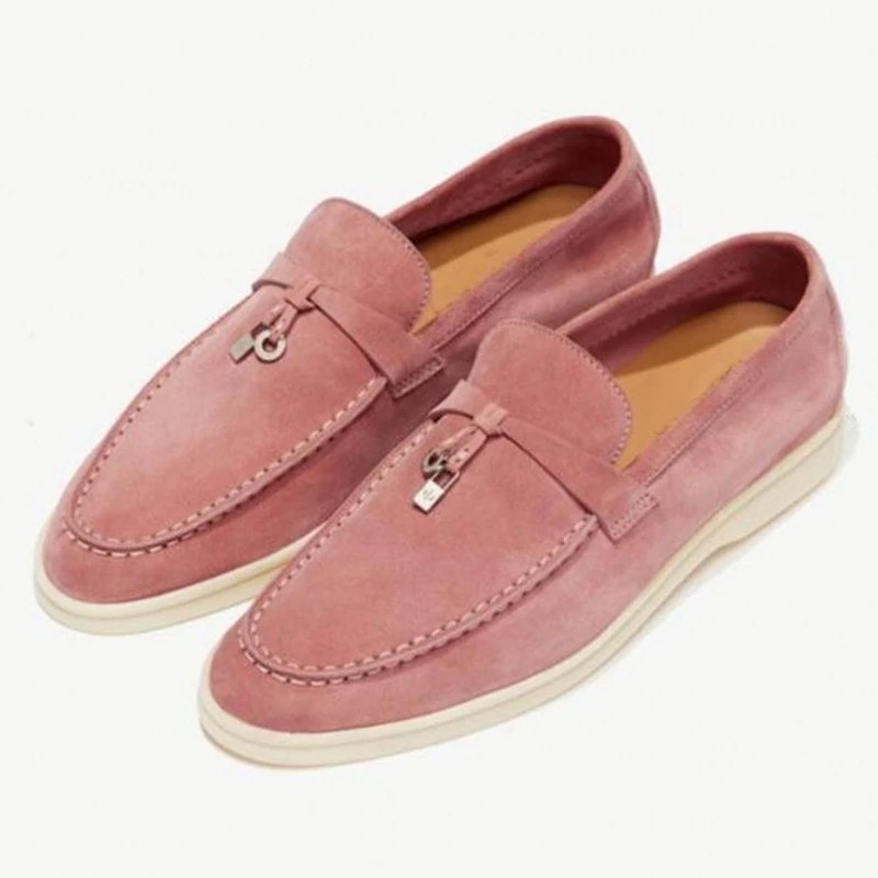 $46 Jawakye Multicolor Real Leather Suede Comfortable Flat Shoes For Women Round Toe Metal Lock Decorat